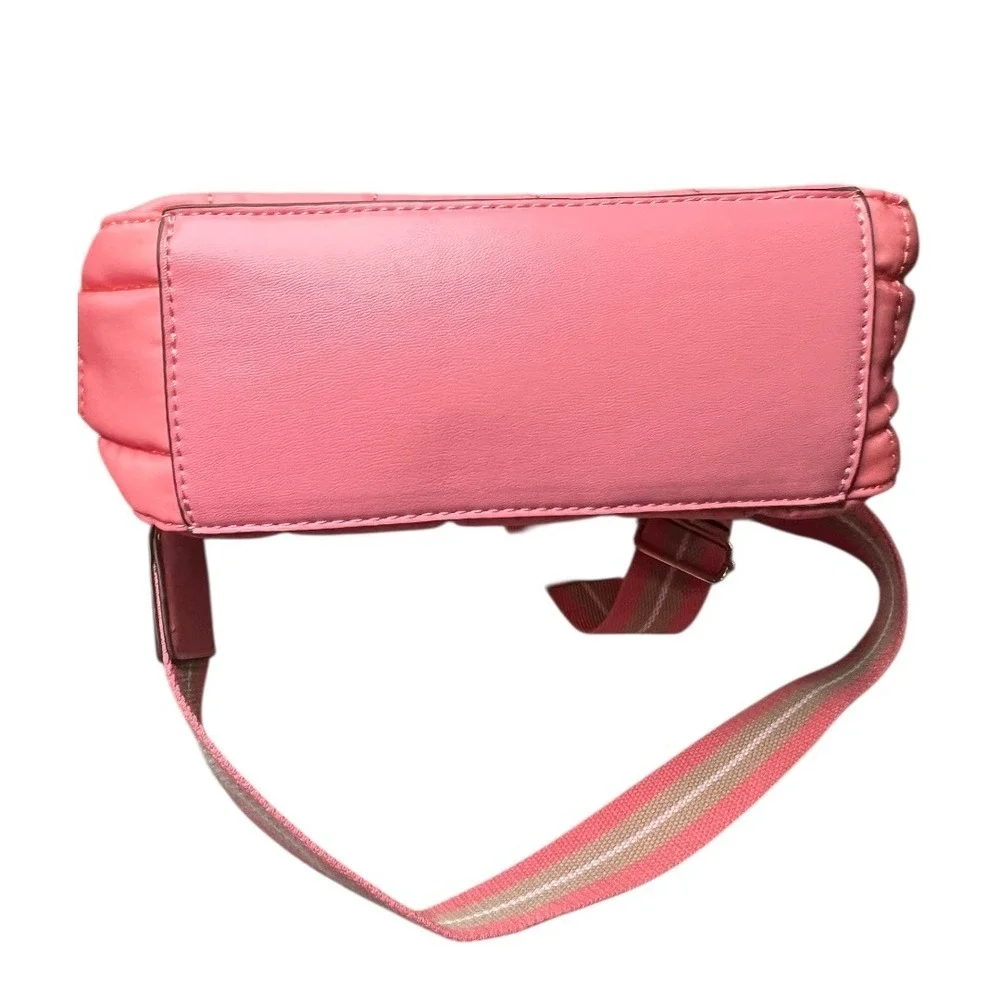 Anne Klein Pink Quilted Nylon Bag Gold Lion Logo  - Striped Crossbody Strap
